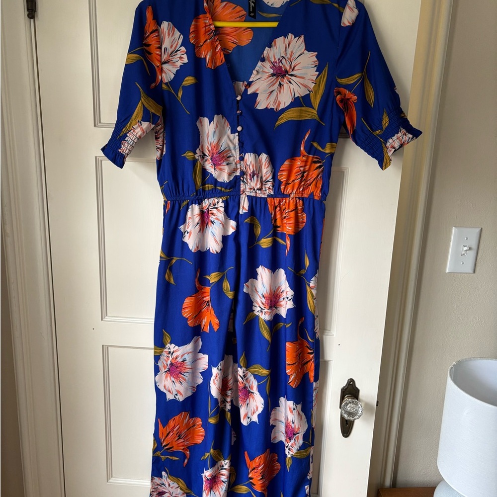 Blue Puff Sleeve V-Neck Midi Sundress